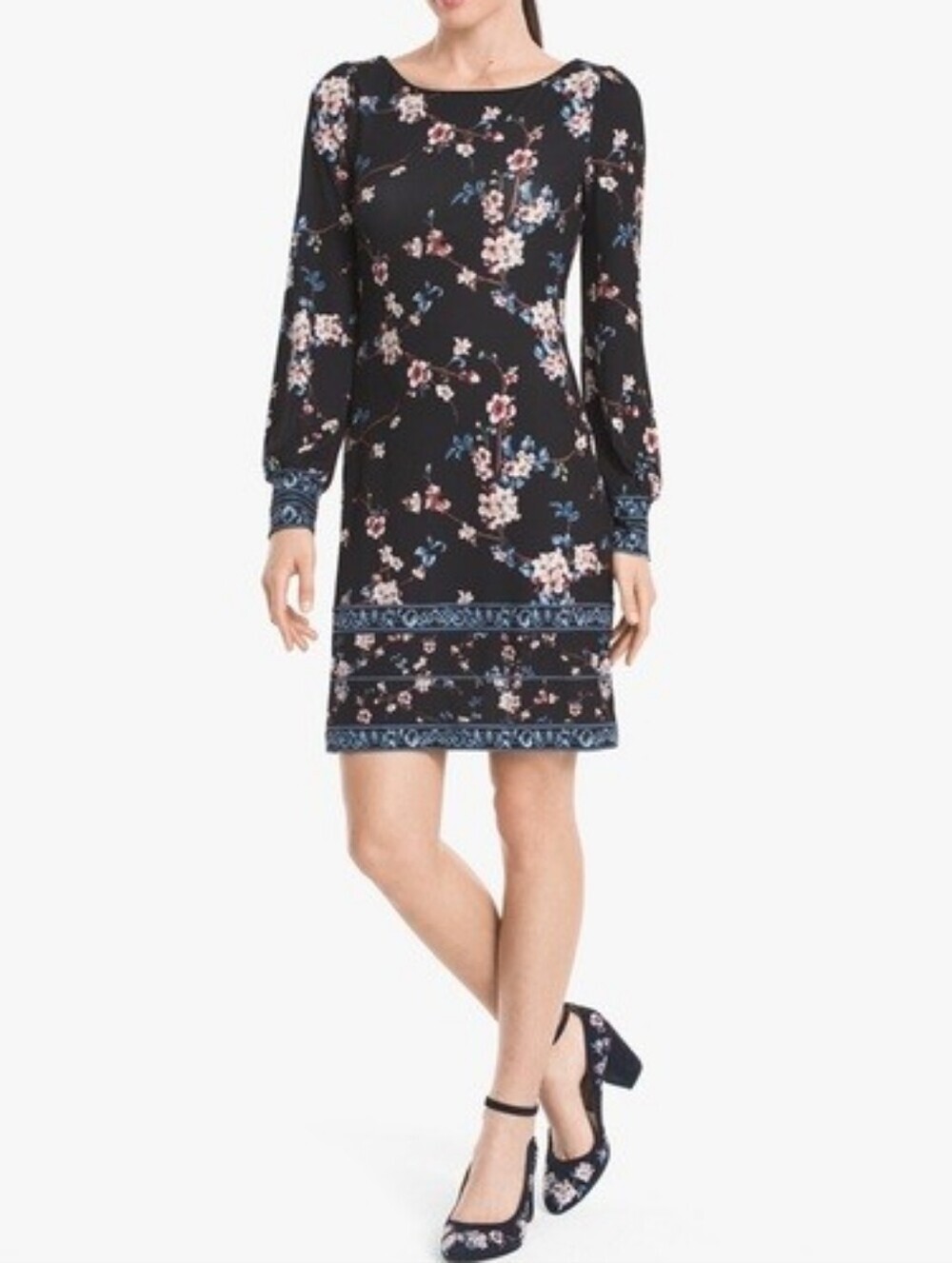 White House Black Market Black Floral Long-Sleeve Shift Dress with Blue-Pink..M